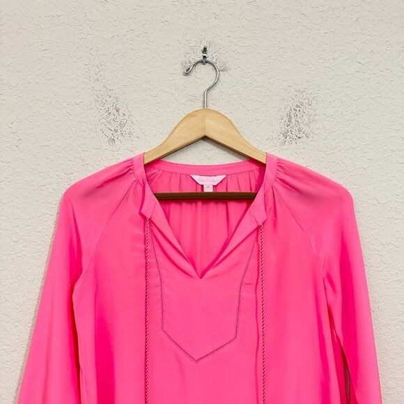 LILLY PULITZER Saria Top Blouse Pink Silk Satin Puff Sleeve Tasseled - Picture 5 of 13